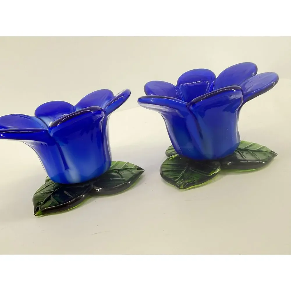 Vintage Cobalt Blue Glass Flower Candle Holders Green Leaf Boho Decor Set of 2